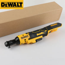 Dewalt cordless ratchet wrench packaging box, yellow and black on studio background