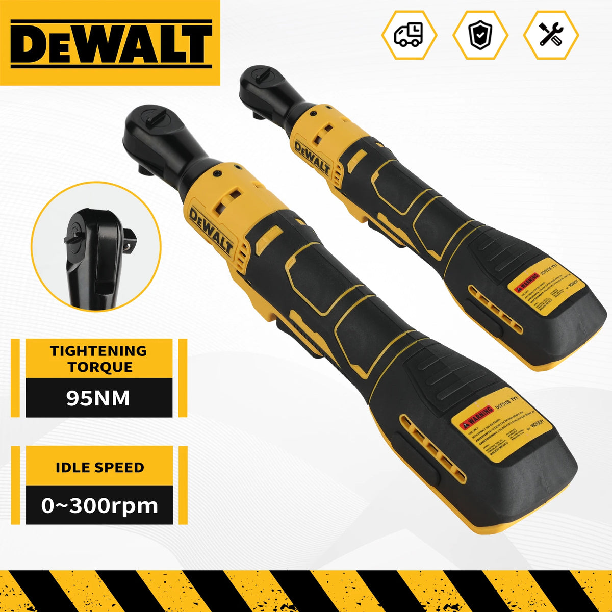Dewalt cordless ratchet wrench packaging, yellow and black with LED