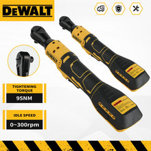 Dewalt cordless ratchet wrench packaging, yellow and black with LED