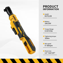 Dewalt cordless ratchet wrench specs detail, yellow and black product information