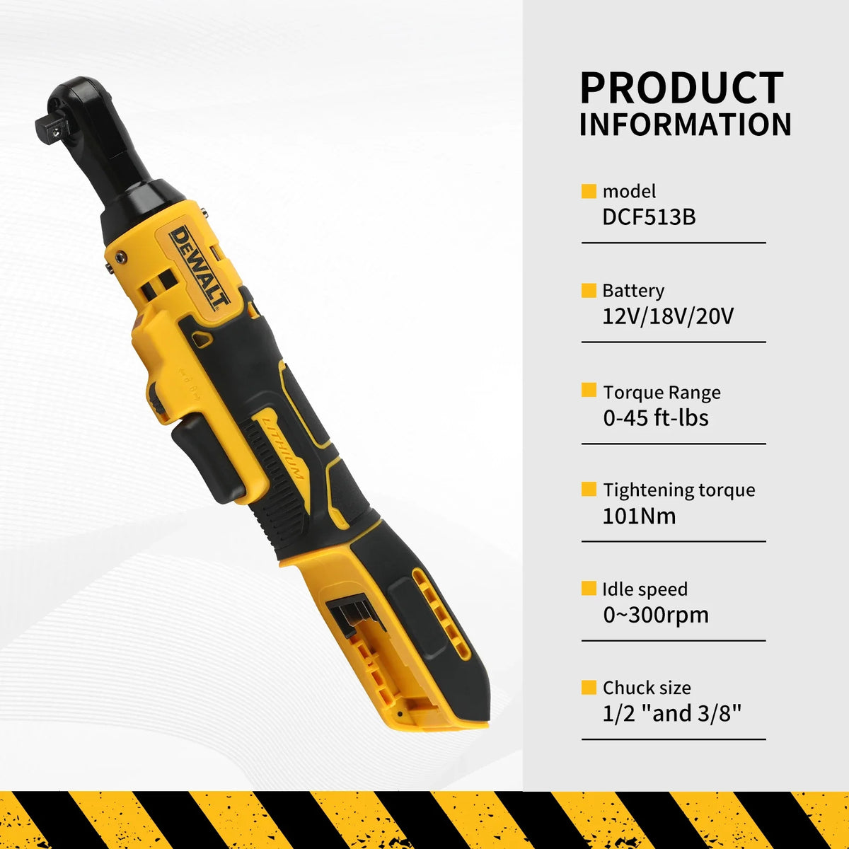 Dewalt cordless ratchet wrench product info, ergonomic grip in yellow and black