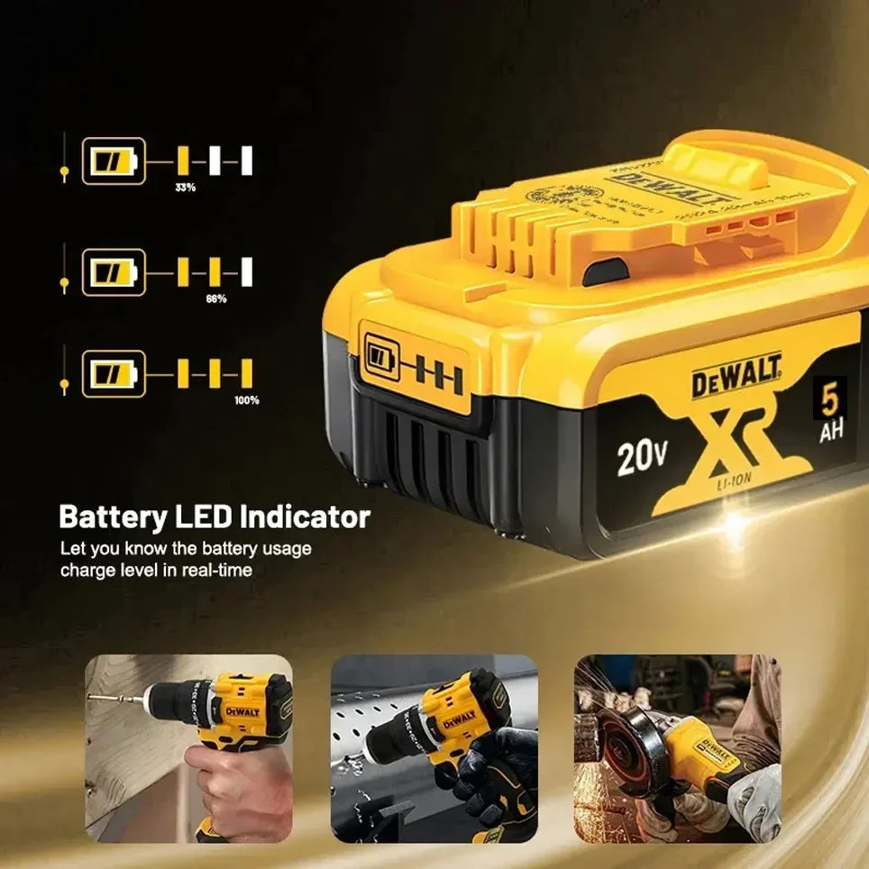 DeWALT FlexVolt battery with LED indicators, charger detail close-up