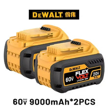 DeWALT battery and charger packaging, two batteries included in yellow and black