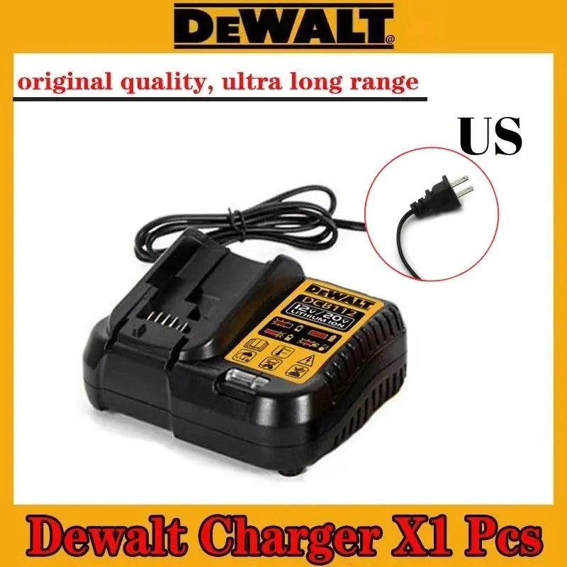 DeWALT XI Pro charger front view, black and yellow with US plug