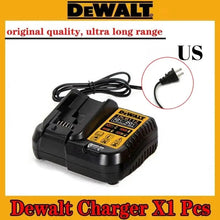 DeWALT XI Pro charger front view, black and yellow with US plug