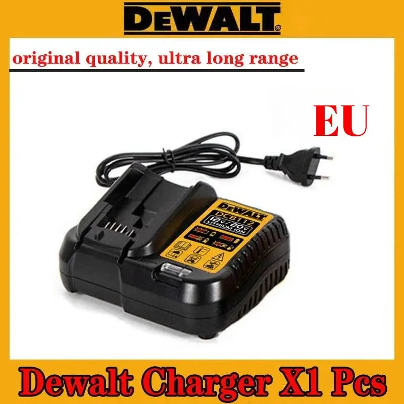 DeWALT charger packaging, EU plug and fast charging in yellow and black