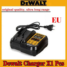 DeWALT charger packaging, EU plug and fast charging in yellow and black