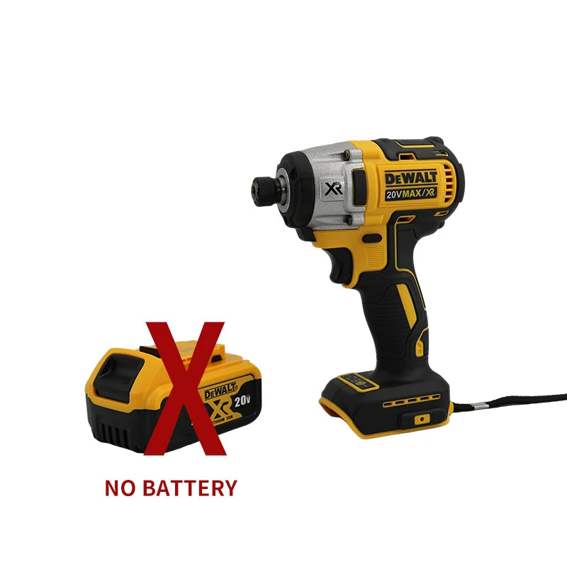 Dewalt DCD887 impact screwdriver detail close-up with warning label