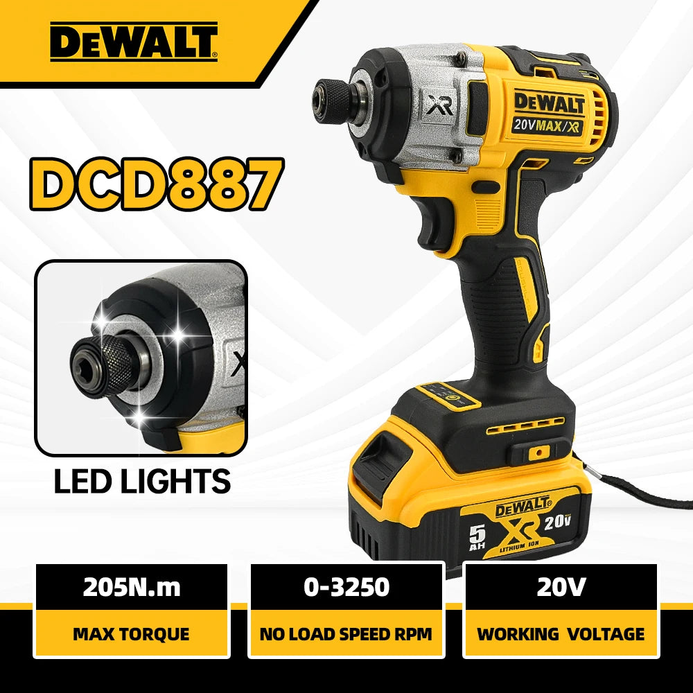 Dewalt DCD887 cordless impact screwdriver front view with LED lights