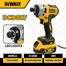 Dewalt DCD887 cordless impact screwdriver front view with LED lights