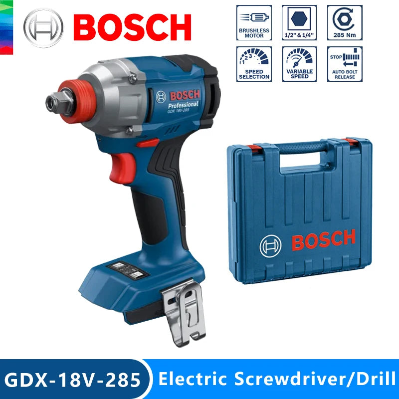 Bosch GDX 18V-285 lifestyle shot in blue, red, black with carrying case