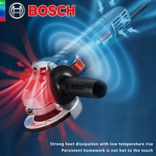 Bosch angle grinder durability detail, blue and red accents on black