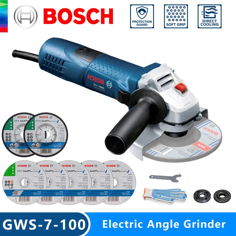 Bosch GWS 7-100 angle grinder front view, blue and black on white