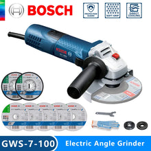 Bosch GWS 7-100 angle grinder front view, blue and black on white