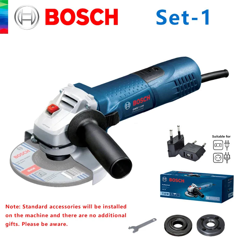 Bosch angle grinder packaging, grinder, attachments and user manual