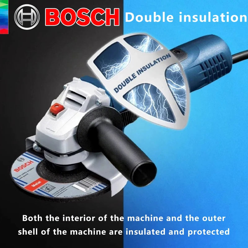 Bosch angle grinder safety features detail, double insulation on solid background