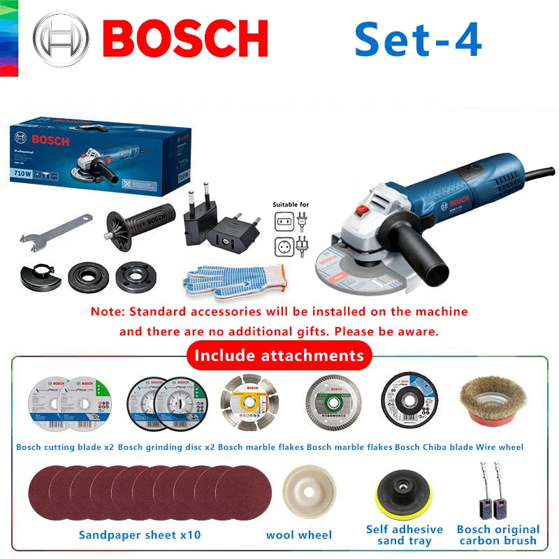 Bosch Set-4 angle grinder set, multiple attachments shown in blue and black