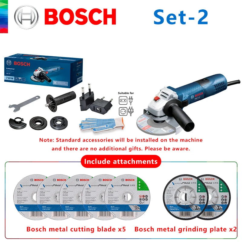 Bosch angle grinder set packaging, grinder and accessories with manual