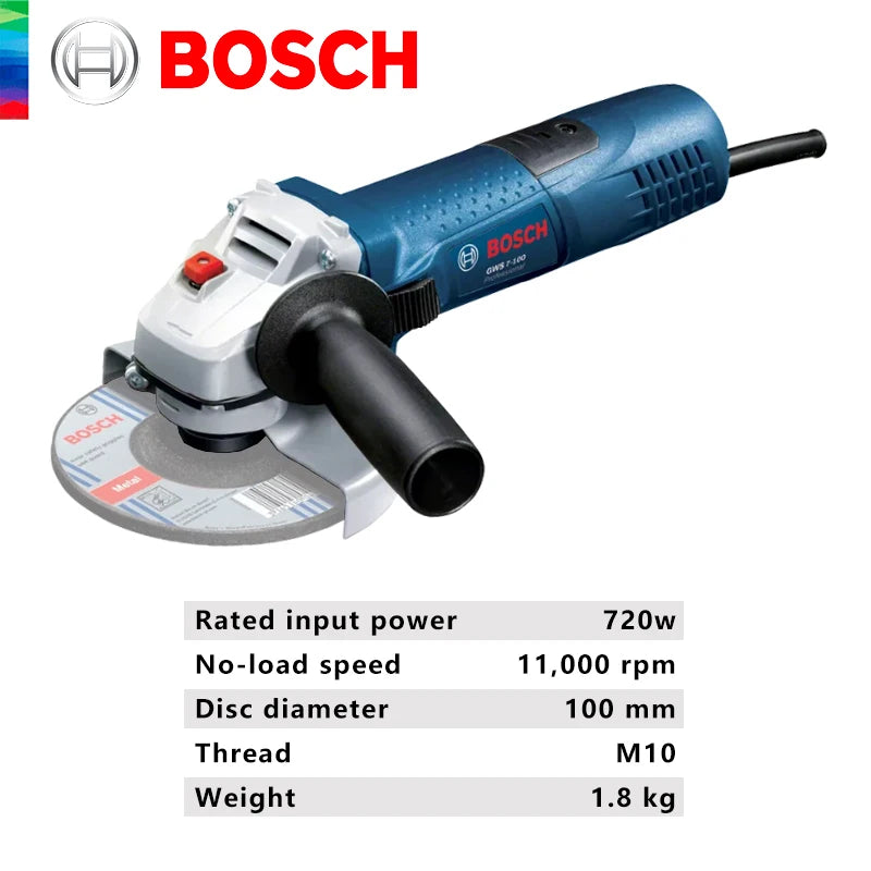 Bosch angle grinder detail close-up, power specs and 100 mm disc