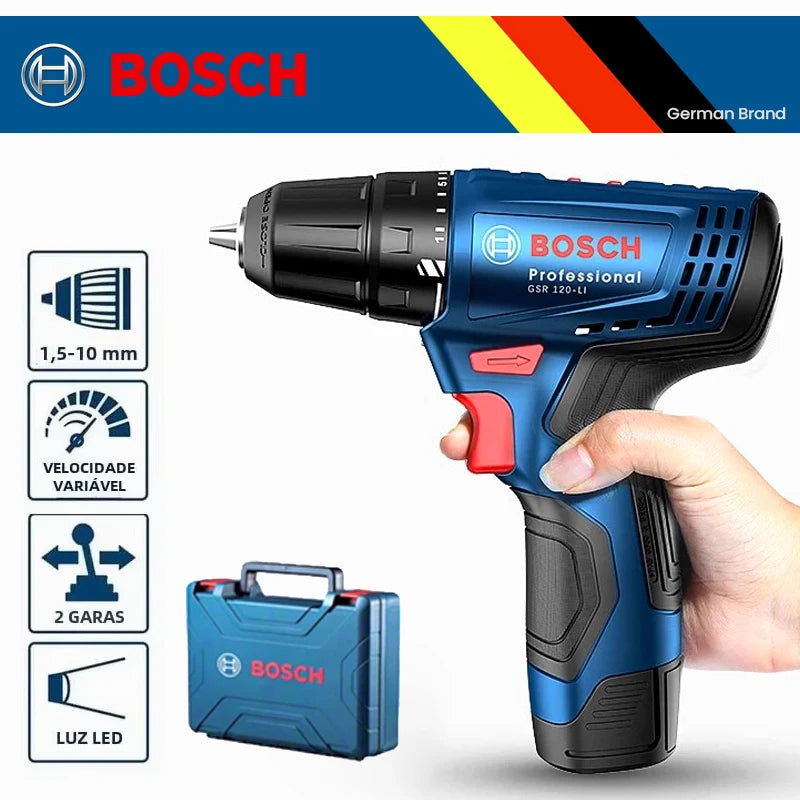 Bosch GSR 120 Li front view in blue and black with LED light