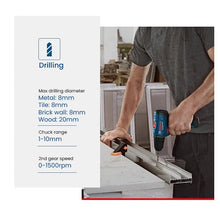 Bosch GSR 120 Li lifestyle shot using the cordless drill on a workbench