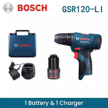 Bosch GSR 120 Li packaging set showing one battery and one charger