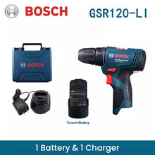 Bosch GSR 120 Li packaging set with one battery and one charger in blue