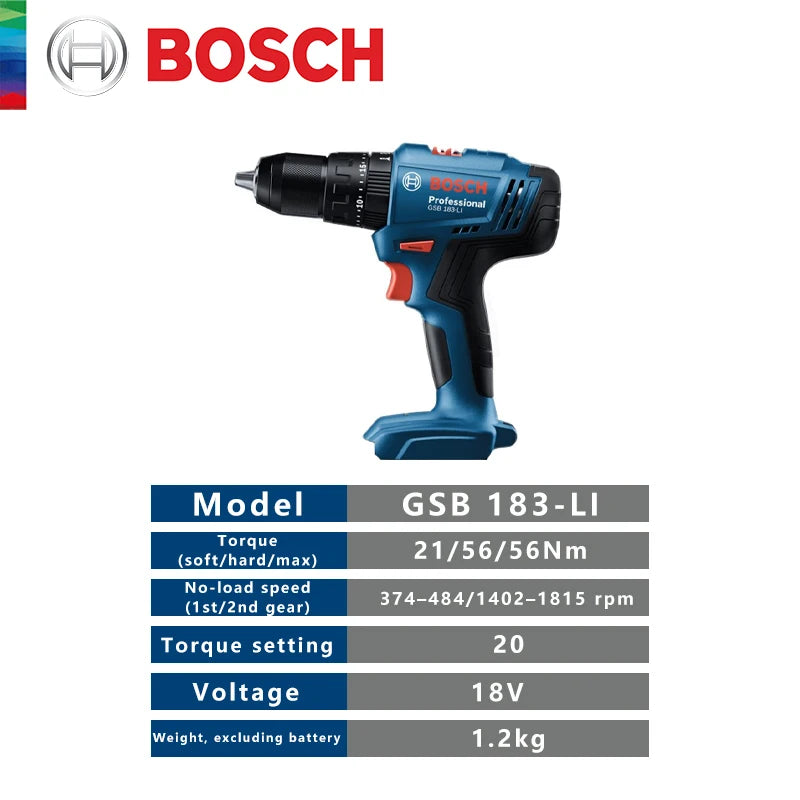 Bosch GSB 183 side view, ergonomic handle in blue and black