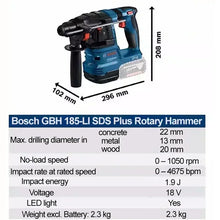 Bosch GBH 185-LI rotary hammer drill detail in blue, black, and gray