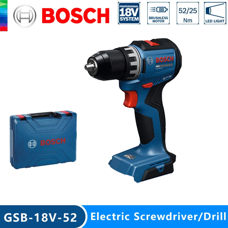Bosch GSB 18V-52 drill front view, blue and black with LED