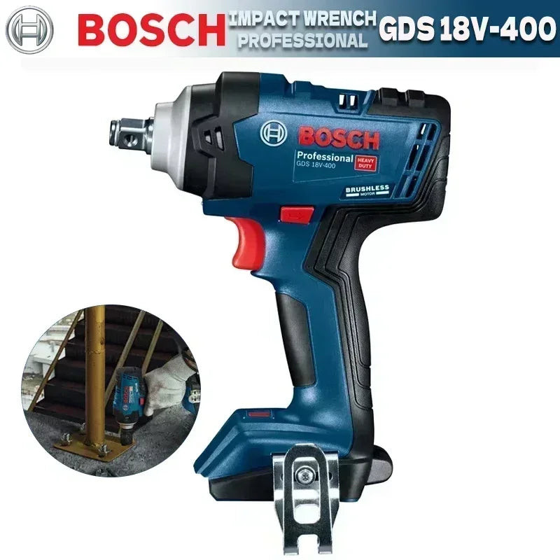 Bosch GDS 18V-400 detail close-up with LED light, blue-black-red