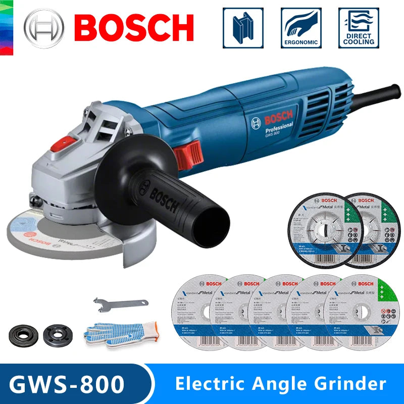 Bosch angle grinder front view, blue and silver body on white