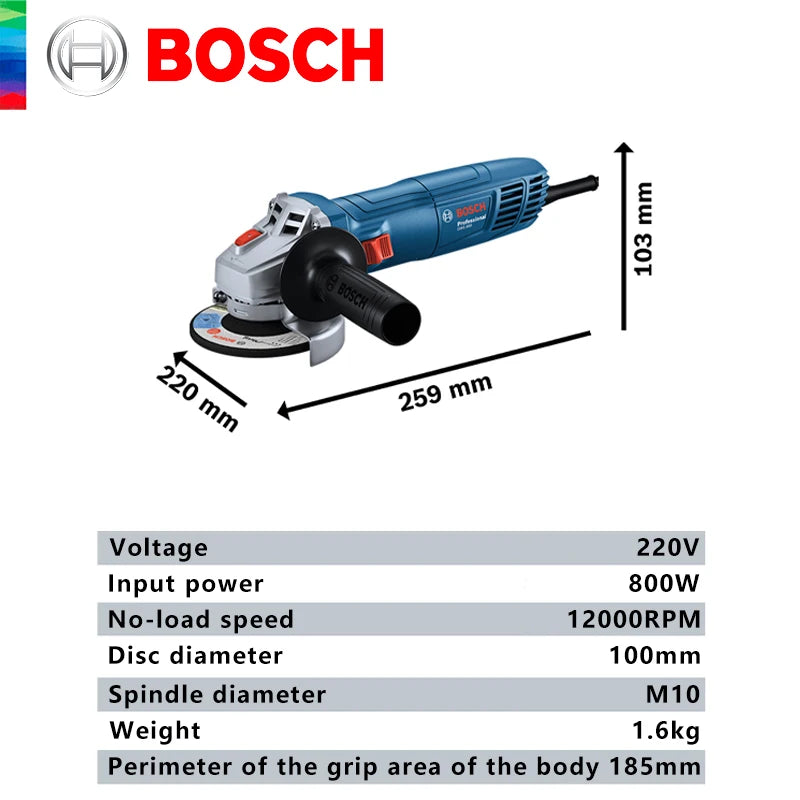 Bosch angle grinder specs detail, black text on white background