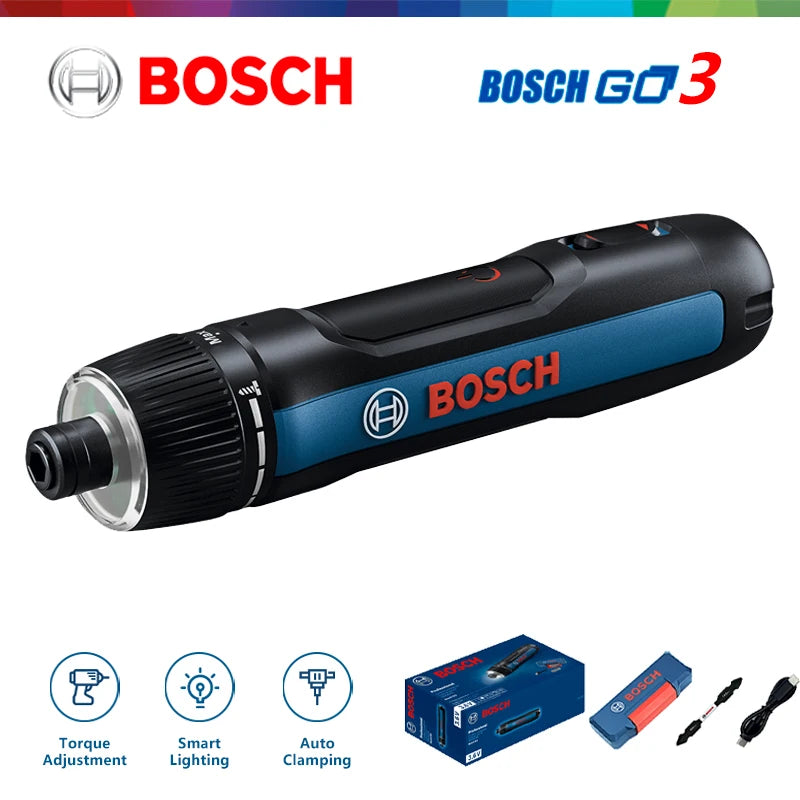 Bosch GO 3 cordless screwdriver black and blue front view with LED light