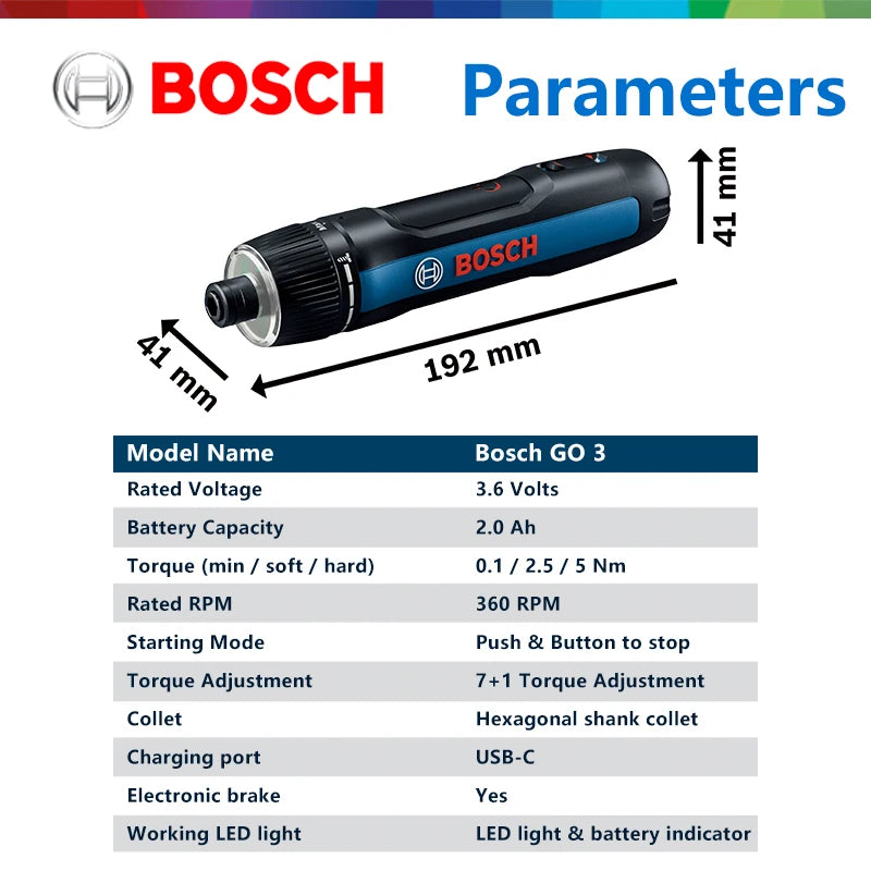 Bosch GO 3 screwdriver packaging box with brand logo and accessories