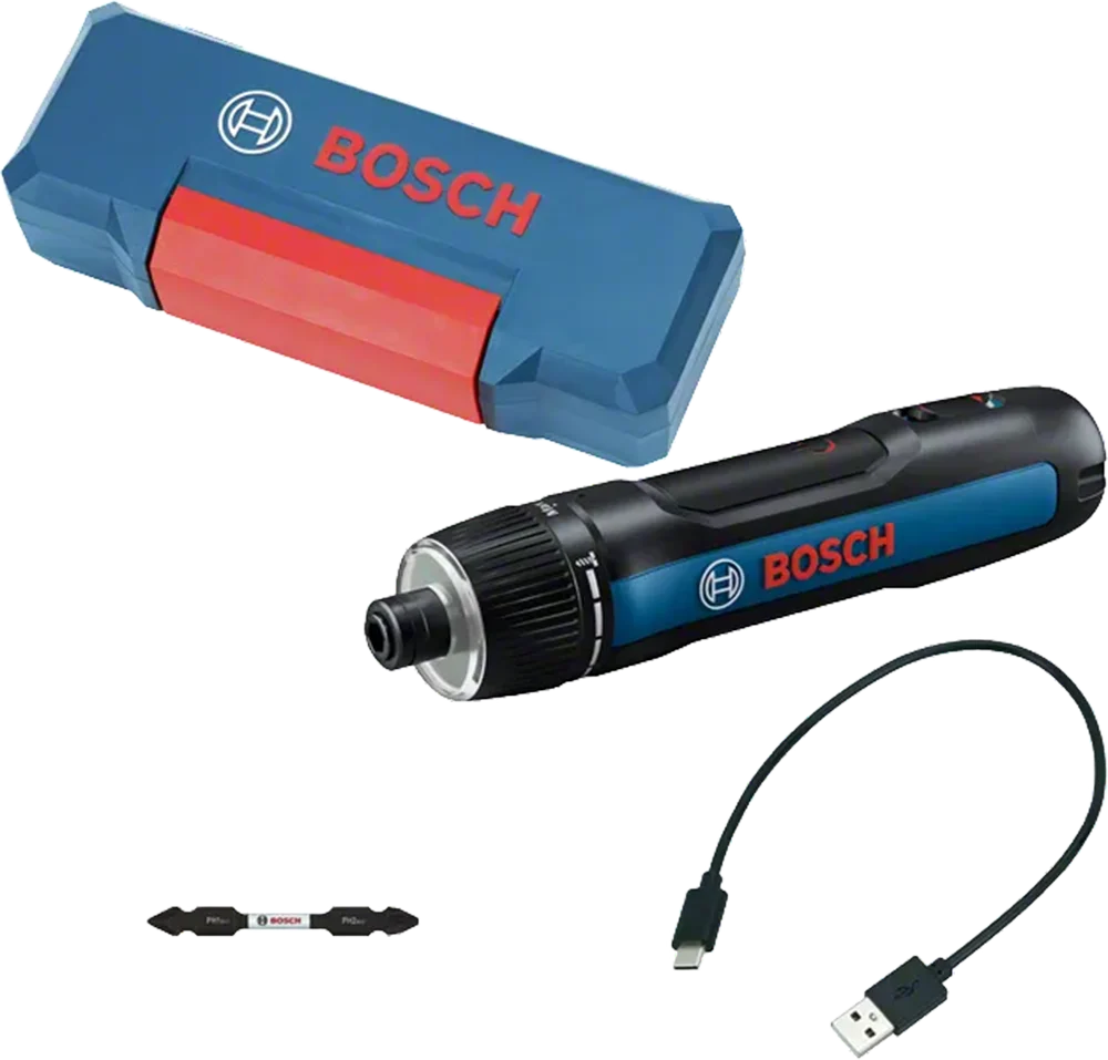 Bosch GO 3 packaging, blue and black mini case with USB-C cable