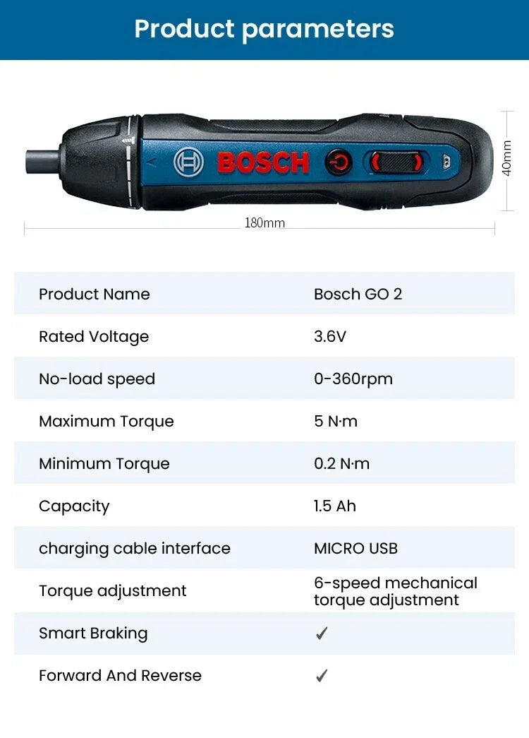Bosch GO 2 specifications, technical details on blue and white background