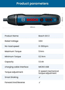 Bosch GO 2 specifications, technical details on blue and white background