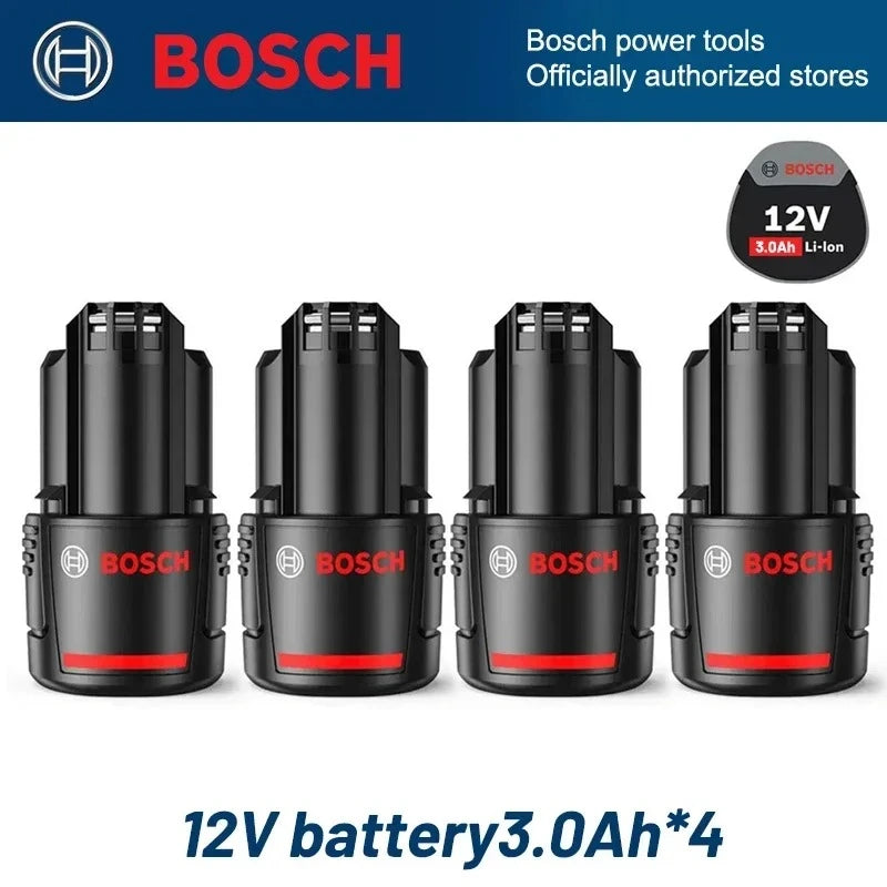 Bosch 12V battery set packaging, four batteries in black and red