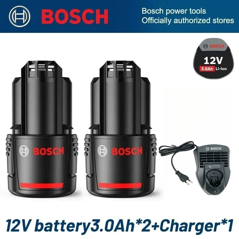 Bosch 12V battery set packaging, four batteries with charger included