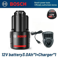 Bosch 12V battery and charger detail, compact black and red close-up