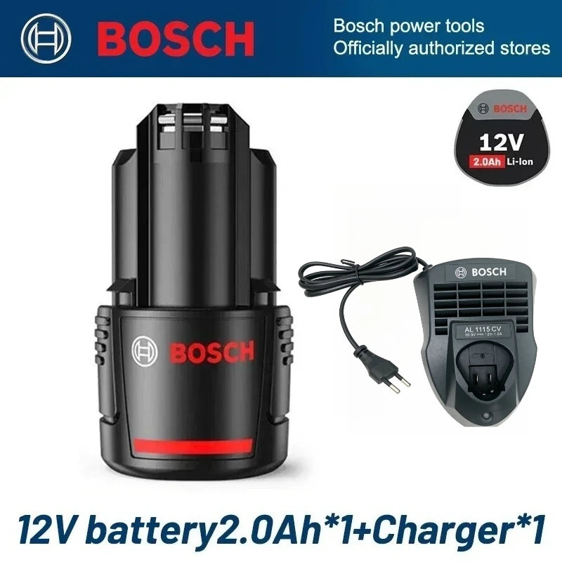 Bosch 12V battery and charger detail with multiple batteries, black and red