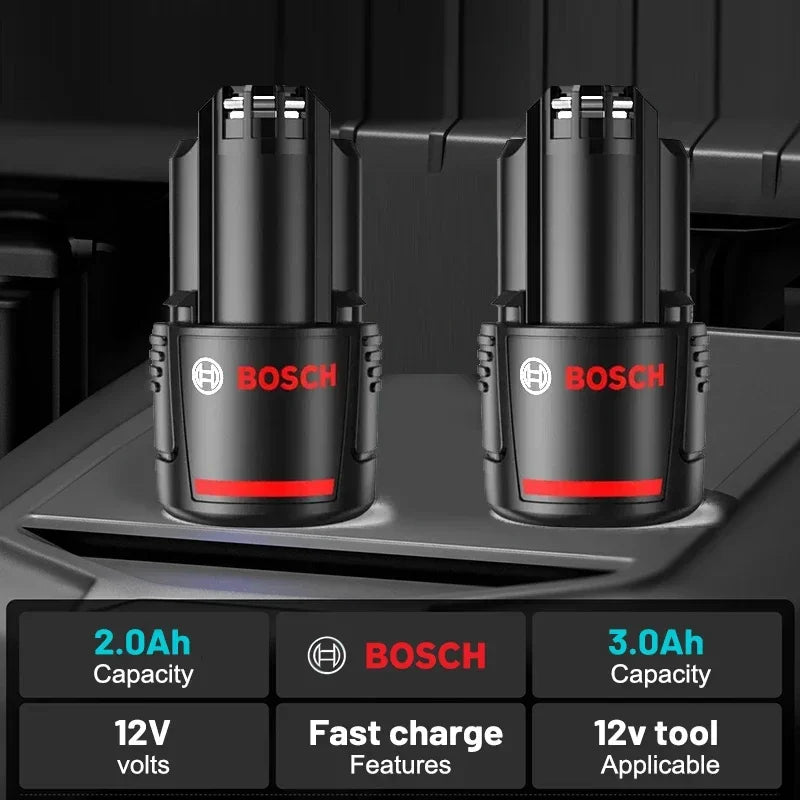 Bosch 12V batteries close-up, black and red with fast charge detail