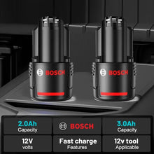 Bosch 12V batteries close-up, black and red with fast charge detail