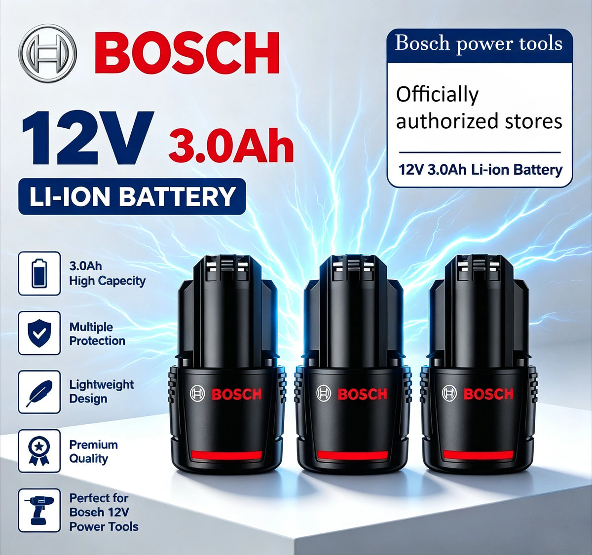 Bosch 12V battery packaging, black and red with charger included