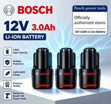 Bosch 12V battery packaging, black and red with charger included