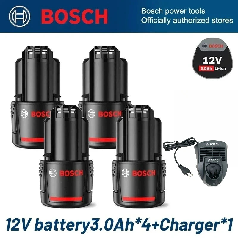 Bosch 12V battery packaging, black and red, 3.0Ah with charger