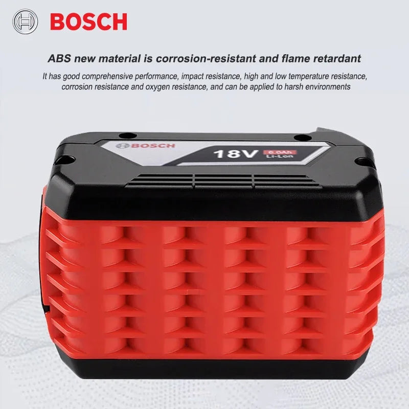 Bosch 18V Li-Ion battery detail, black weather-resistant design