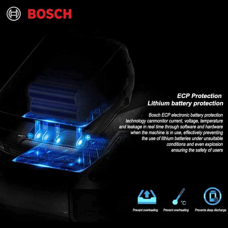 Bosch 18V battery protection detail, black case with LED indicators