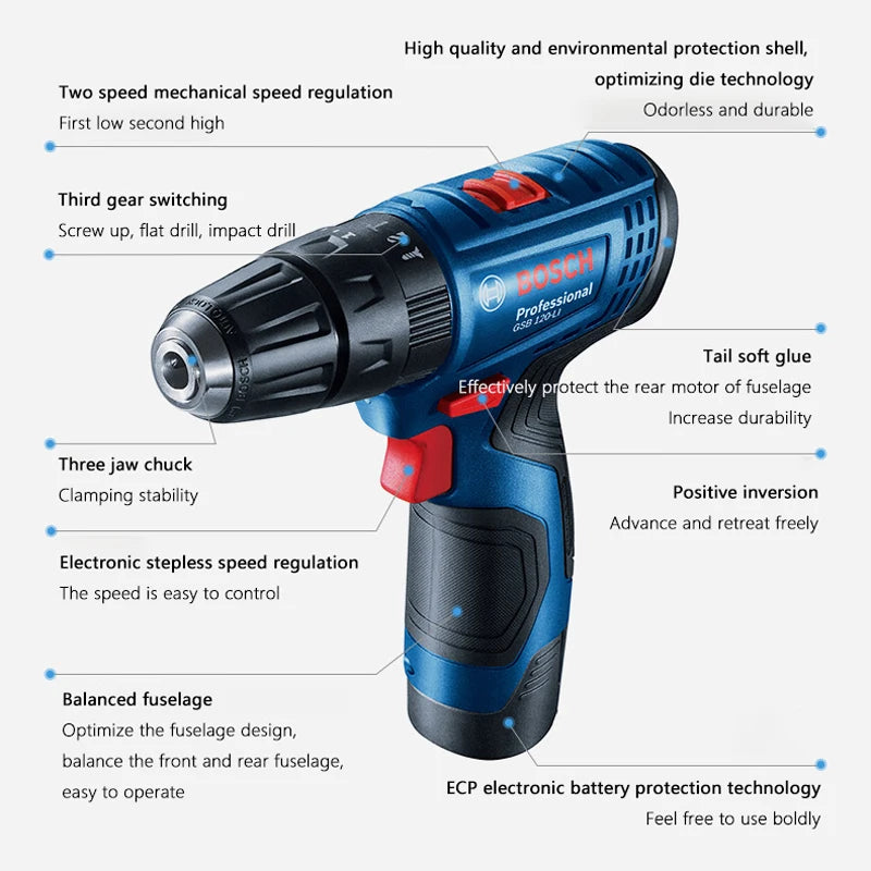 Bosch GSR 120-Li detail shot with LED worklight and two-speed gear
